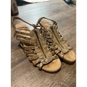 Tan Aerosoles snake skin wedge zip up sandals